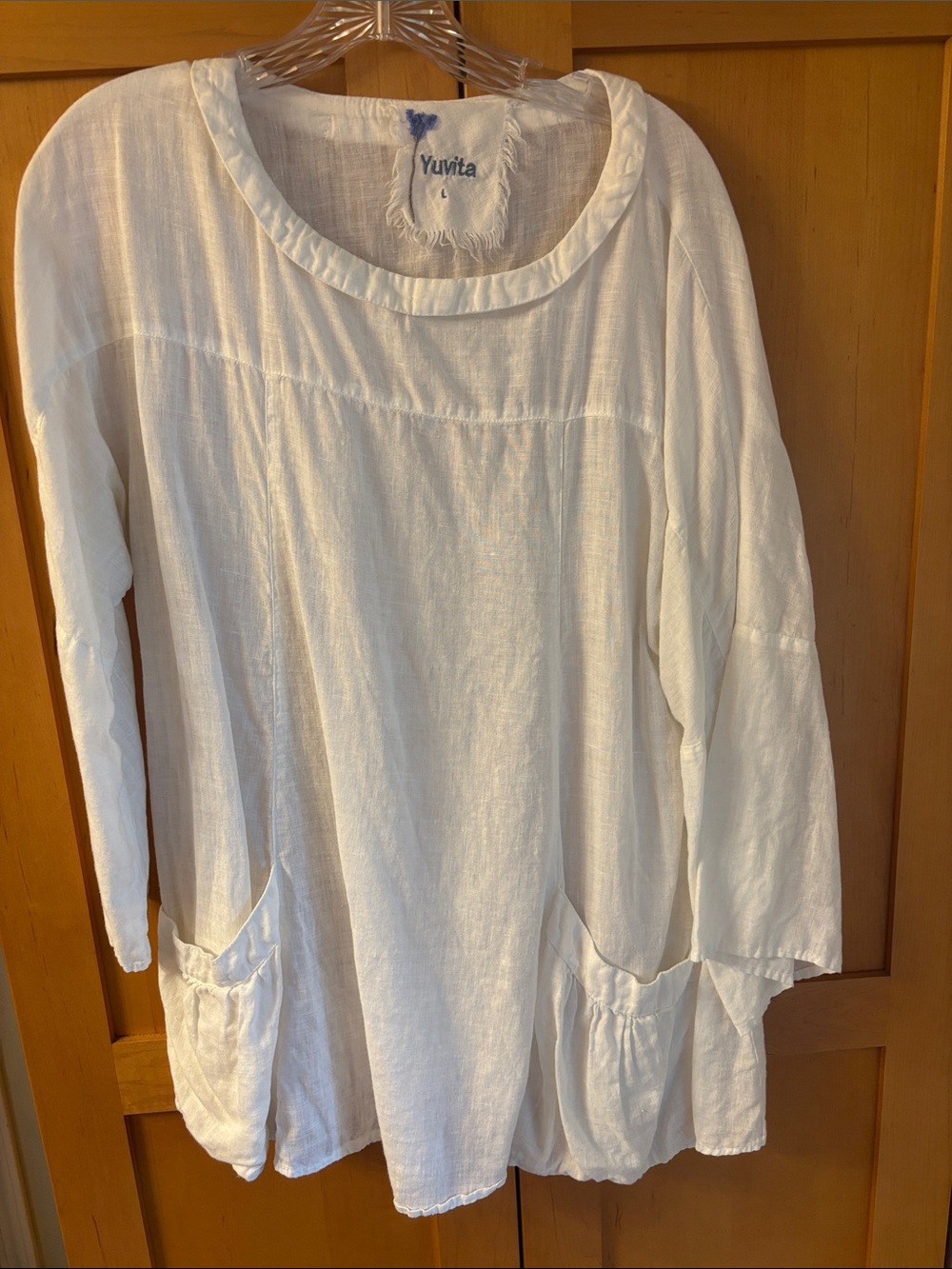 White 3/4 length sleeve top made by Yuvita of 100% linen.  Size L